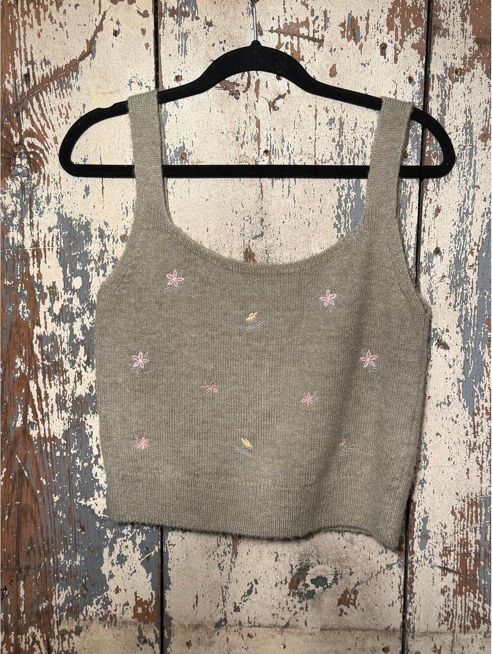 Women's embroidered knit sweater tank top, ONLY brand, green pink